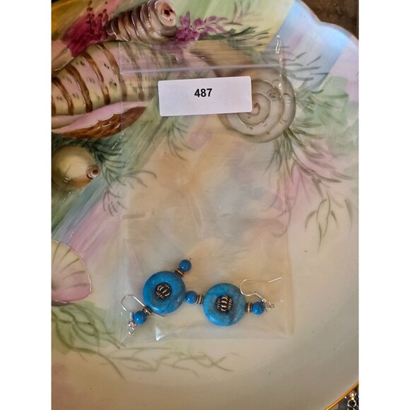 Howlite Sleeping Beauty Sky Blue & Silver Beaded Dangle Earrings With Hook Back - Picture 4 of 4